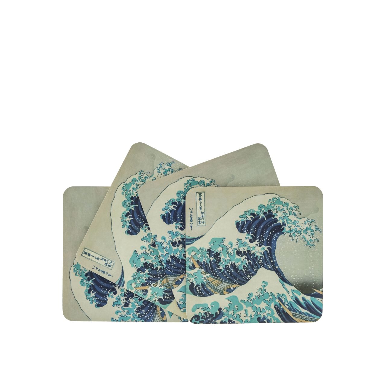 Set of 4 assorted coasters stored in a pretty box. Based on the famous painting "Great Wave" by Hokusai.