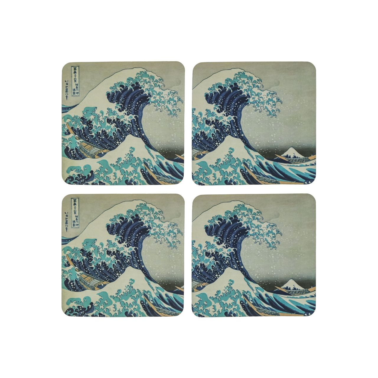 Set of 4 assorted coasters stored in a pretty box. Based on the famous painting "Great Wave" by Hokusai.