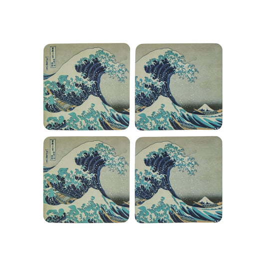Set of 4 assorted coasters stored in a pretty box. Based on the famous painting "Great Wave" by Hokusai.