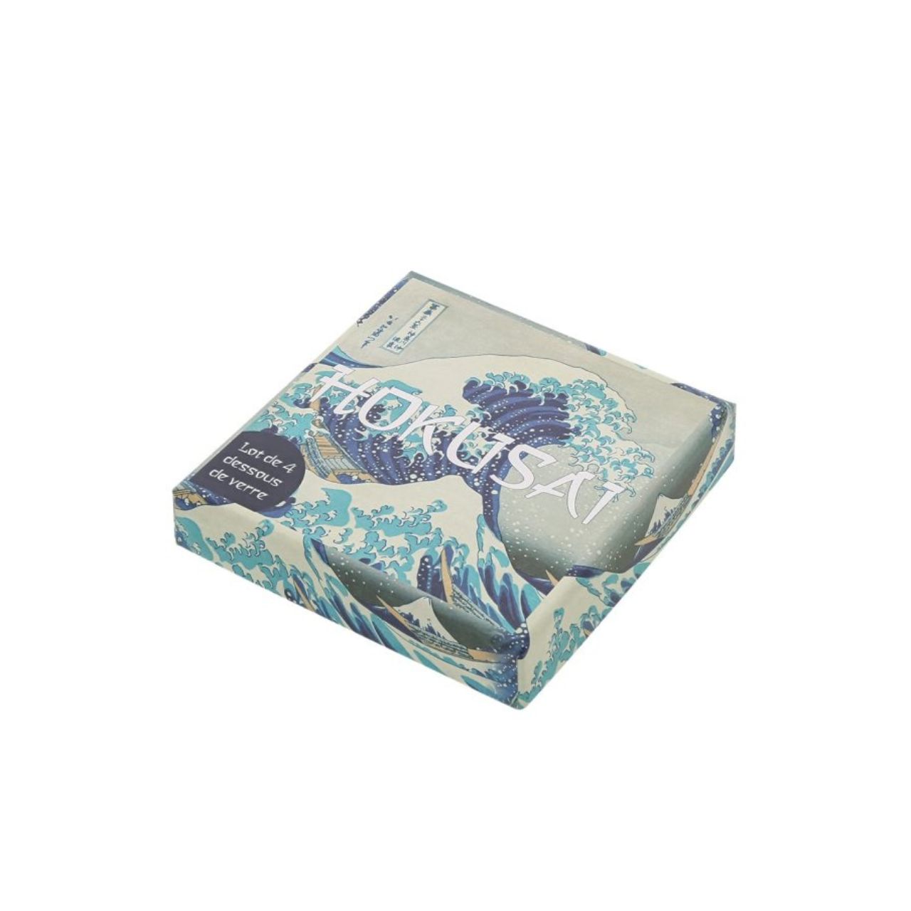 Set of 4 assorted coasters stored in a pretty box. Based on the famous painting "Great Wave" by Hokusai.