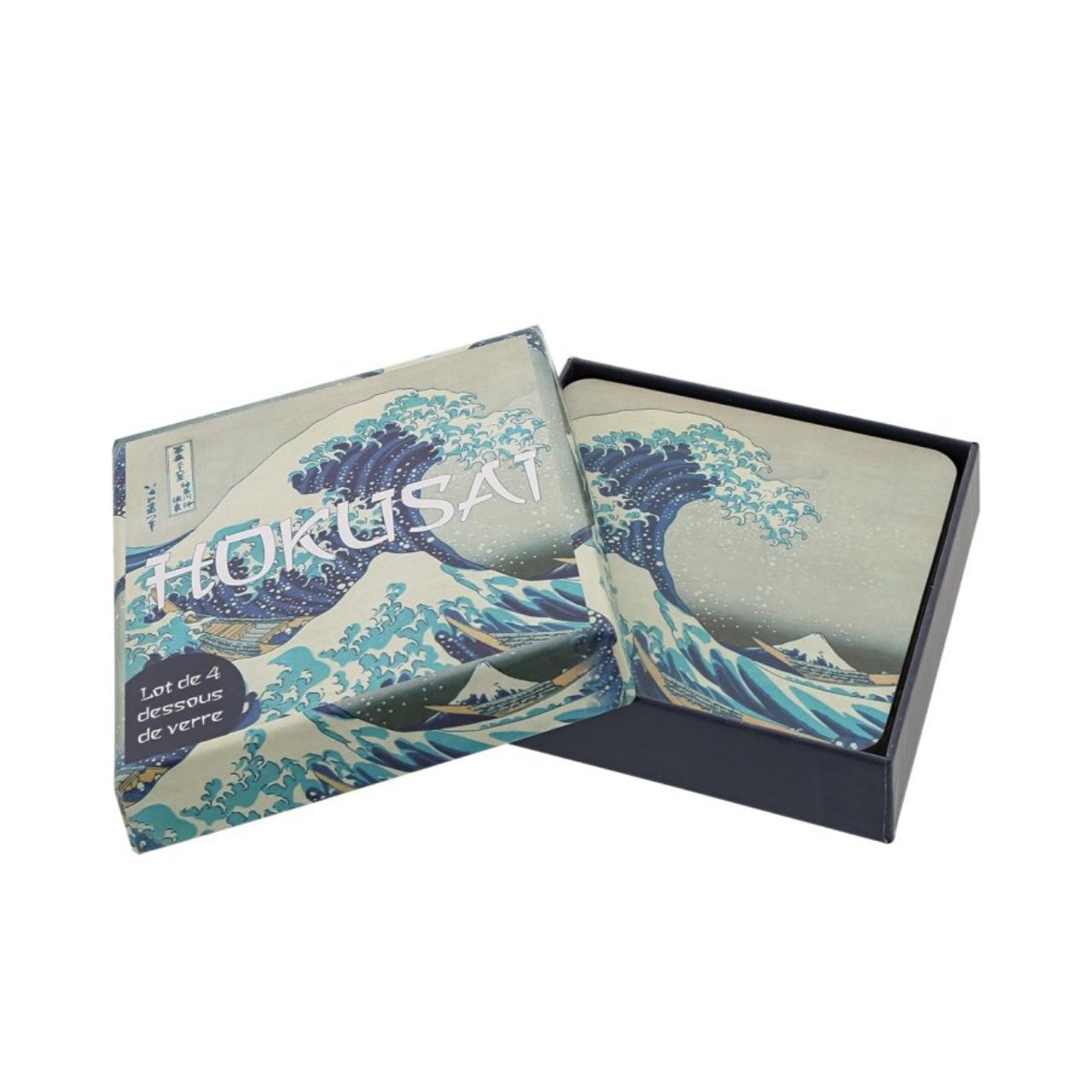 Set of 4 assorted coasters stored in a pretty box. Based on the famous painting "Great Wave" by Hokusai.