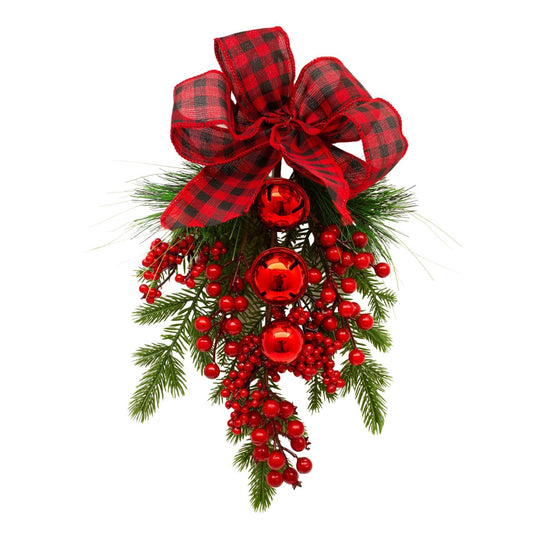 Enchante Christmas Holiday Bauble Teardrop 42 cm  This Enchante Christmas Holiday Bauble Teardrop is a perfect addition to any home for the holiday season. It features a teardrop-shaped design decorated with red Christmas bow and baubles for a festive look. It is sure to add a cheerful touch to any décor.