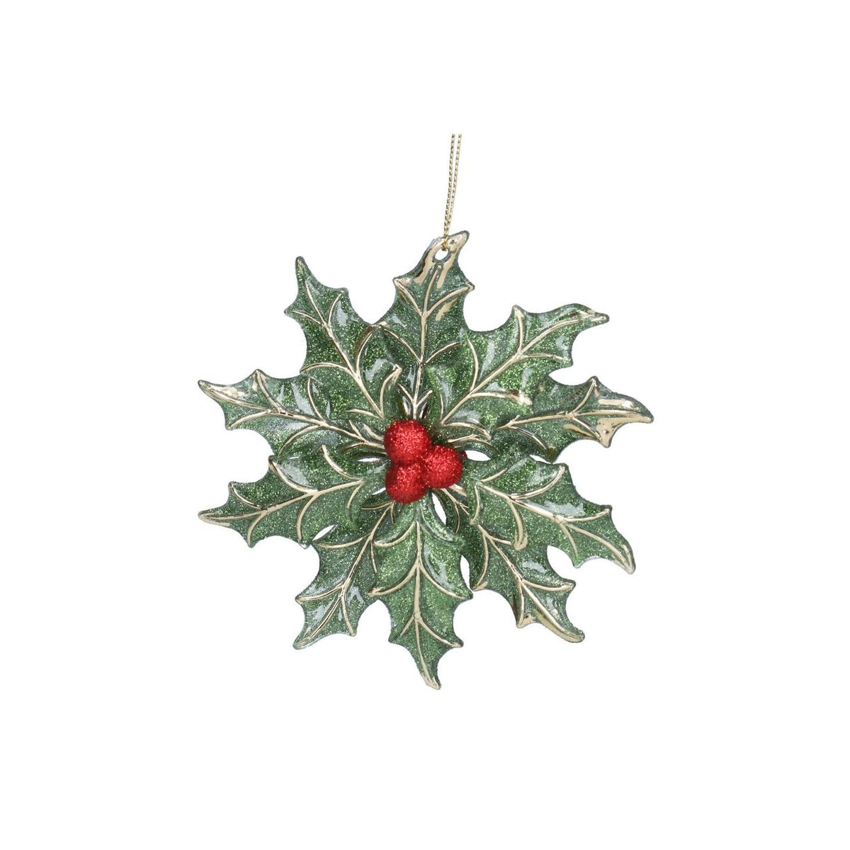 A festive addition to any holiday display, this Gisela Graham hanging ornament combines delicate holly leaf details with an elegant snowflake design.