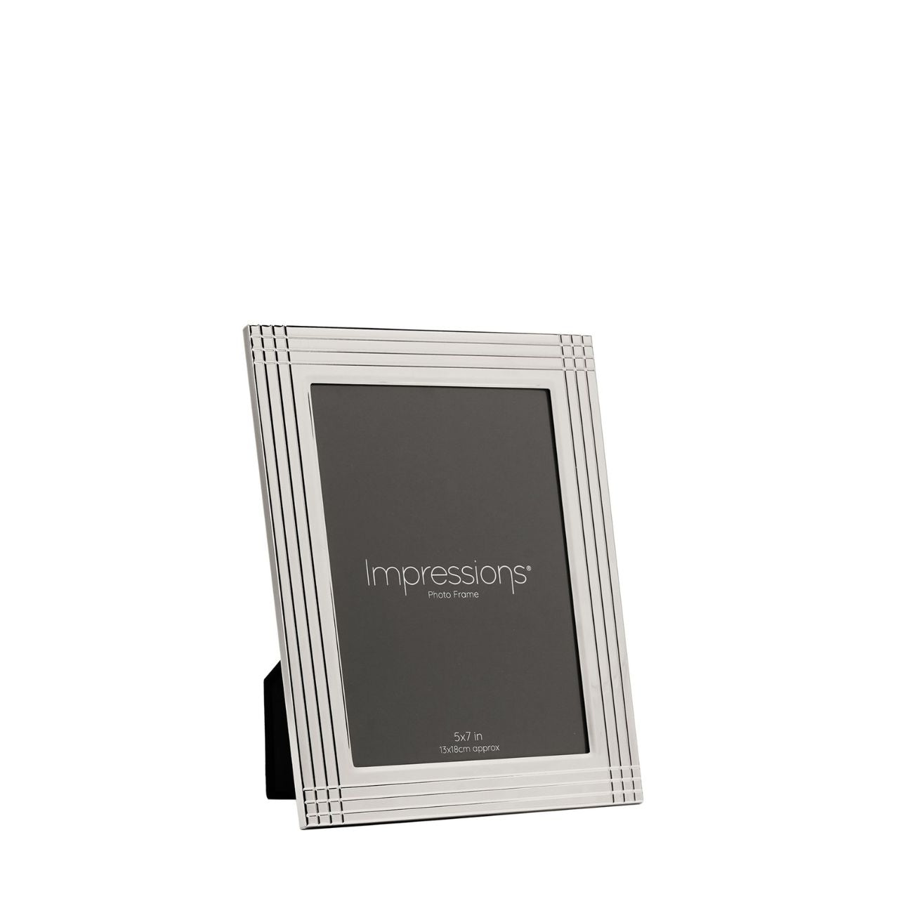 The Impressions Border Stripe Metal Plated Silver Photo Frame 4" x 6" offers a clean, contemporary way to display treasured photographs. Featuring a sleek silver-plated finish with subtle striped border detailing, it brings a refined touch to any home or office setting.