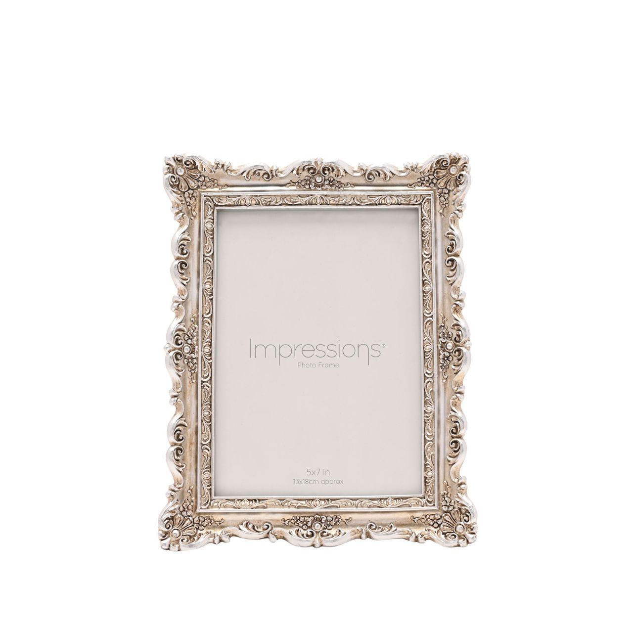 Introduce a touch of elegance to your decor with the Impressions Classical Design Resin Photo Frame 5" x 7". This ornate frame, with "Impressions" artfully printed on the glass surface, offers a stylish backdrop for your cherished memories.