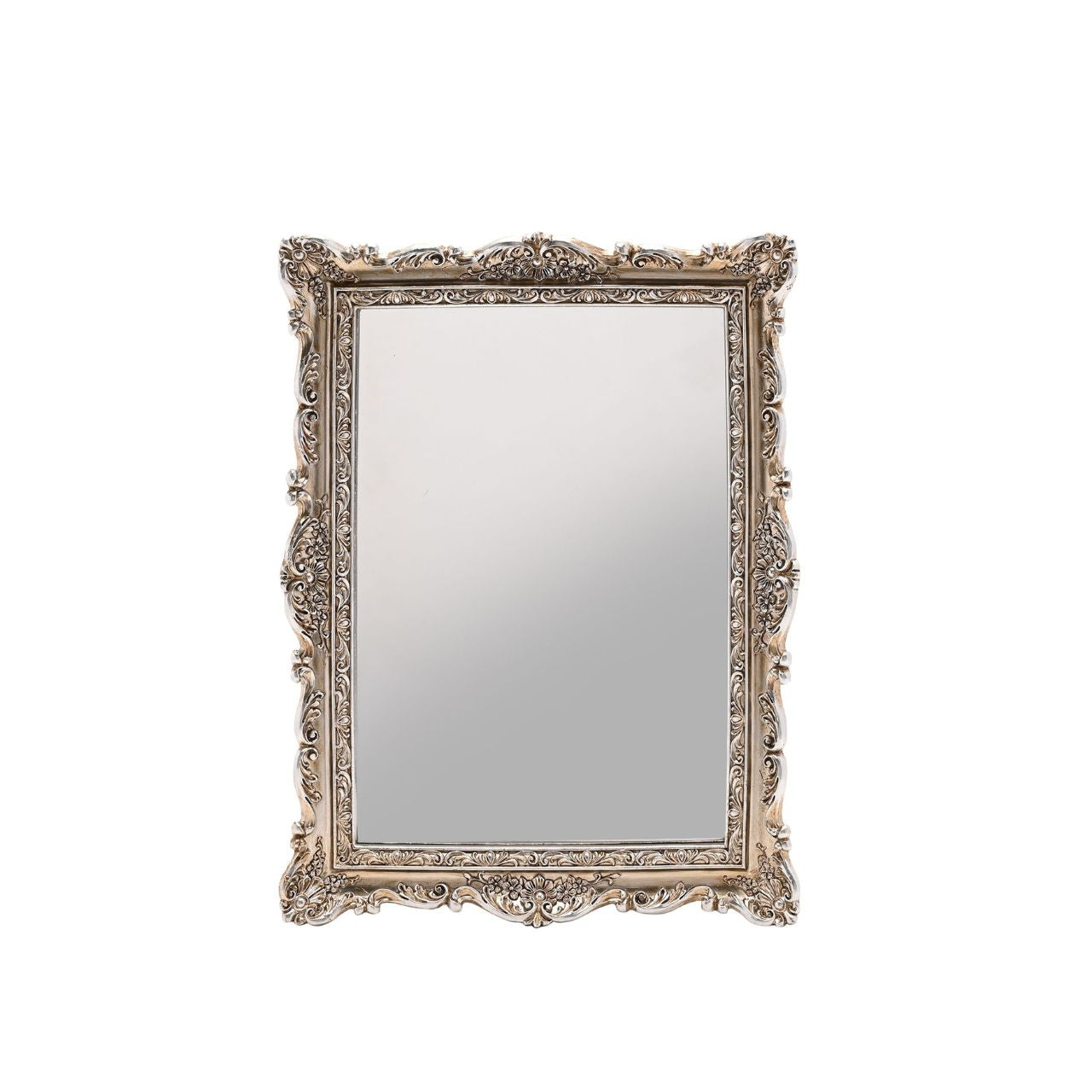 Bring a touch of elegance to any room with the Impressions Classical Rectangular Mirror, framed by large, ornate silver-coloured detailing. 
