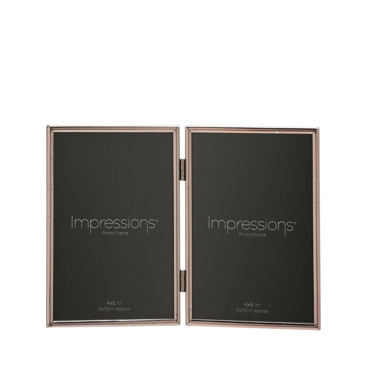 A beautifully simple silver plated hinged photo frame from IMPRESSIONS by Juliana. Featuring two 4" x 6" apertures and luxury black velveteen backing.