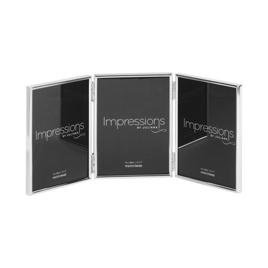 An elegant silver plated triple 5" x 7" aperture hinged photo frame from IMPRESSIONS by Juliana. Complete with wall hooks and black velveteen backing.