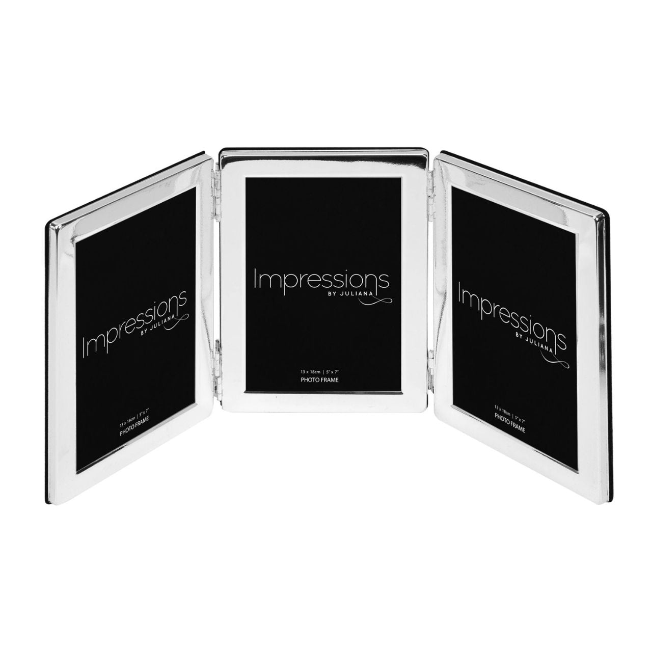 A hinged silver plated triple aperture photo frame from IMPRESSIONS by Juliana.
Each of the three apertures measures 5" x 7". Complete with standing strut and branded packaging.