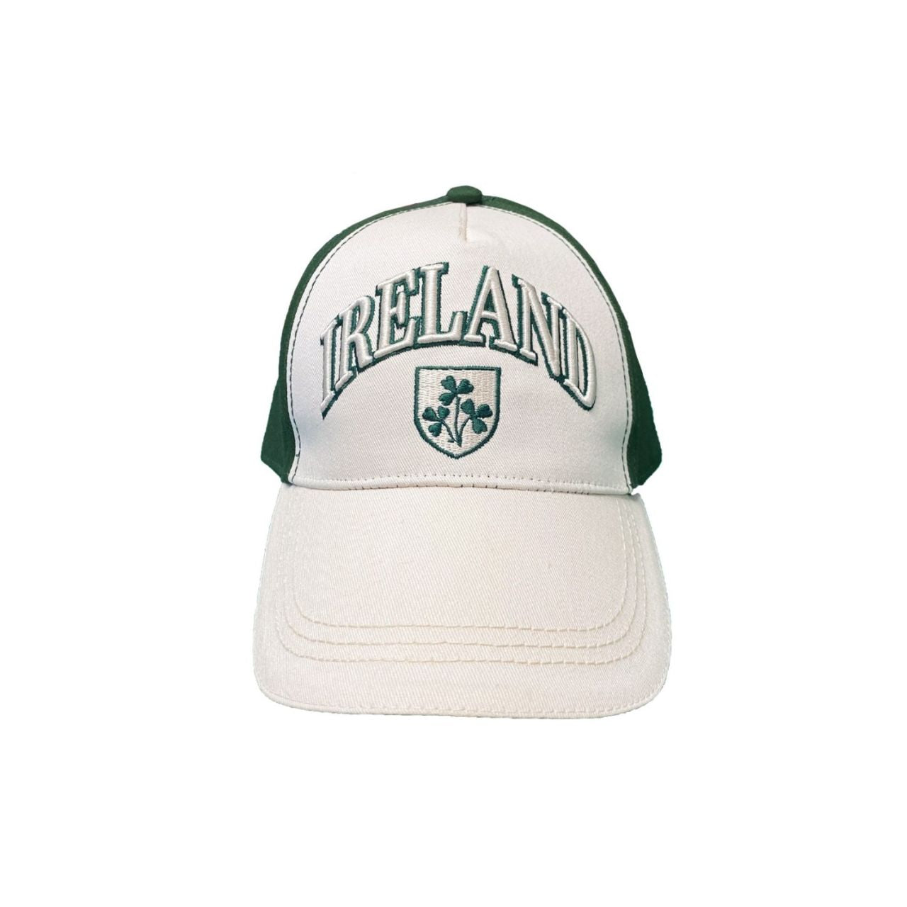 A clean baseball cap with Shamrock crest styling in cream and bottle green. Comfortable cotton construction for everyday wear. A timeless accessory.
