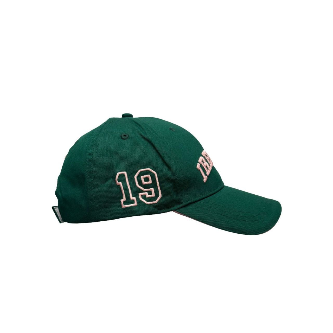 A bold baseball cap combining evergreen and pink tones. Classic shape with modern colour contrast. Ideal for casual outfits.