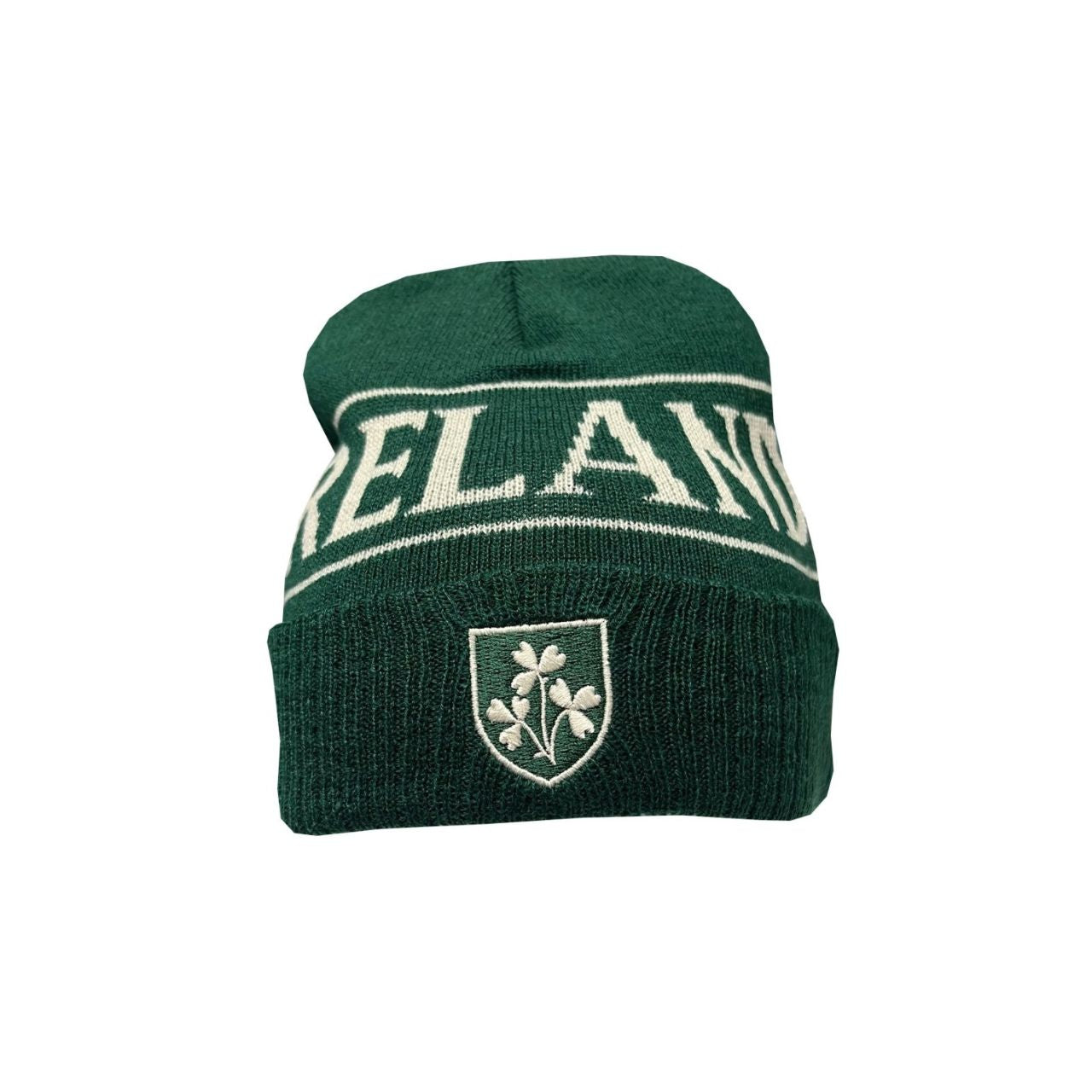 A soft beanie hat in bottle green and cream. Comfortable knit keeps warmth in. A classic Ireland winter staple.