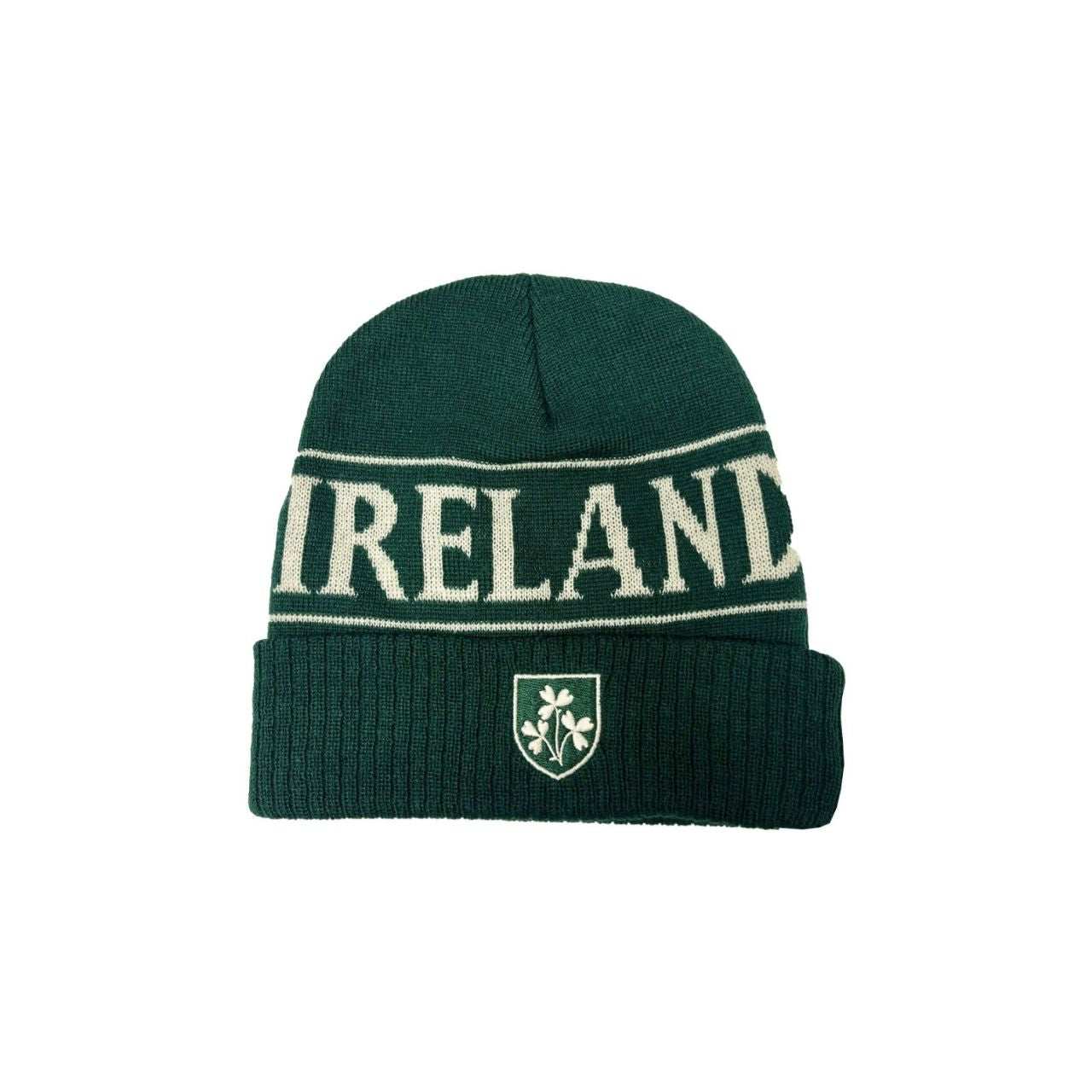 A soft beanie hat in bottle green and cream. Comfortable knit keeps warmth in. A classic Ireland winter staple.