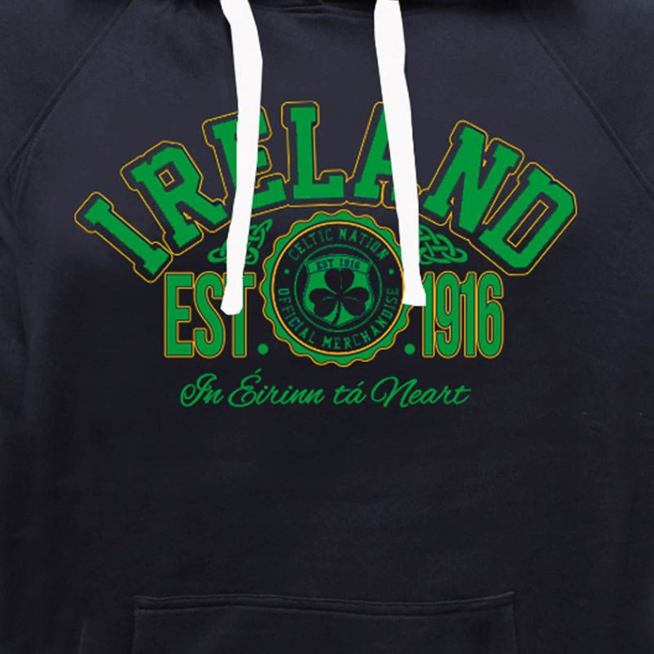 This hoodie is part of the official Traditional Craft Collection. It features a relaxed fit and a printed design of Ireland. Celtic Nation logo and 'Est. 1916'. It also has a double side front pocket for your convenience.