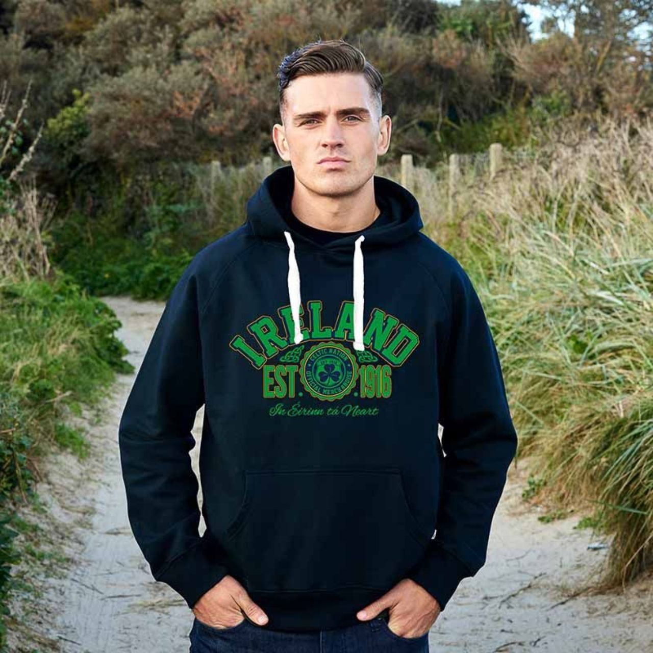 This hoodie is part of the official Traditional Craft Collection. It features a relaxed fit and a printed design of Ireland. Celtic Nation logo and 'Est. 1916'. It also has a double side front pocket for your convenience.