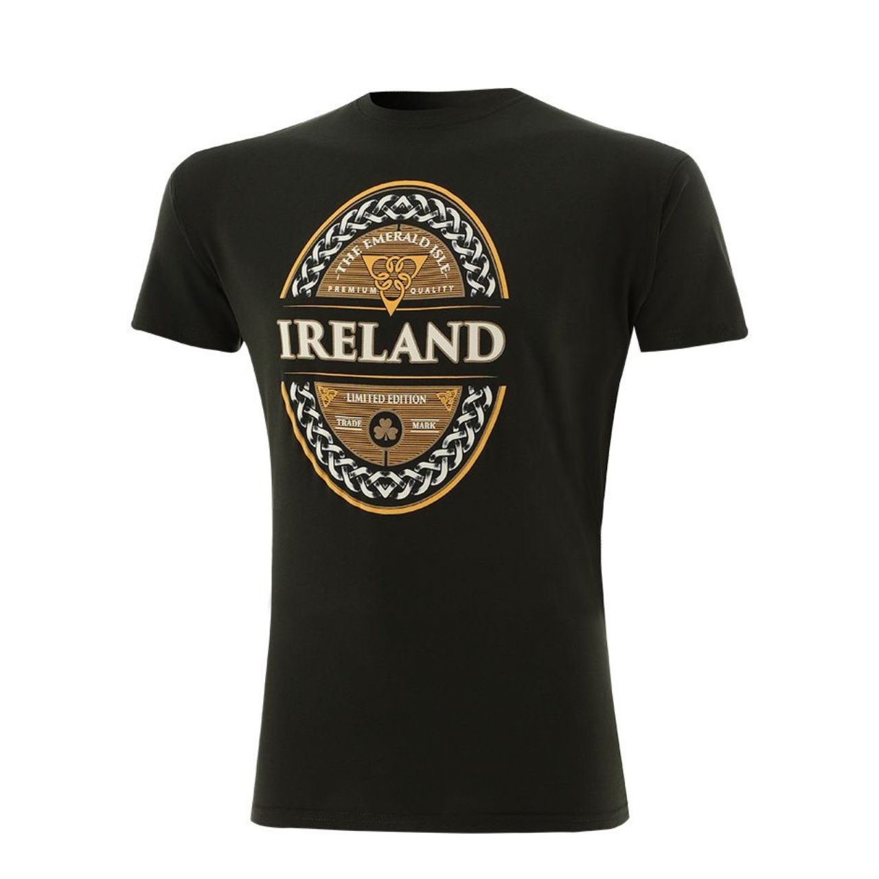 Crafted from 100% cotton, the Ireland Emerald Isle Label T-Shirt is a superb Irish souvenir, boasting a Celtic knot motif and the country's name printed on the front. Designed for maximum comfort and style, it makes for an impeccable gift.