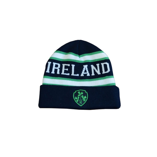 A traditional knitted hat in navy, green, and white. Soft knit construction offers warmth and comfort. A classic Ireland winter accessory.