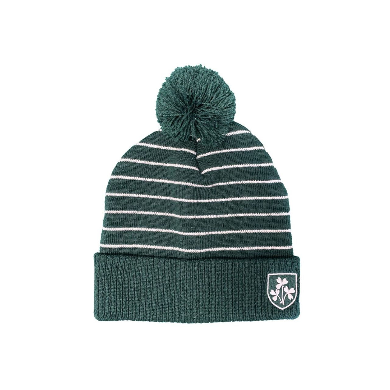 A traditional bobble hat with Shamrock crest and stripe detailing. Bottle green and cream colours add classic style. Ideal for colder days.