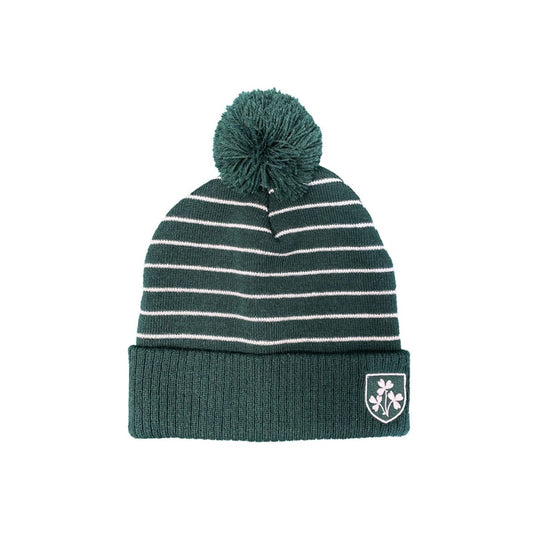 A traditional bobble hat with Shamrock crest and stripe detailing. Bottle green and cream colours add classic style. Ideal for colder days.