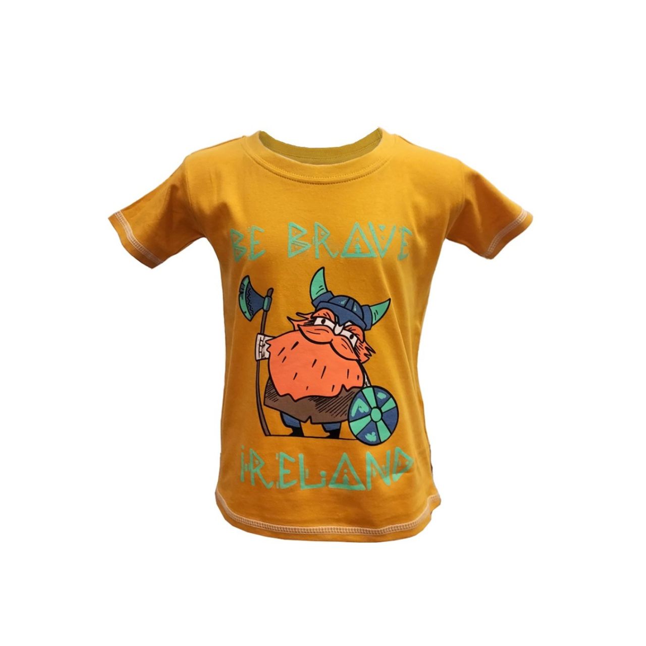 Showcasing a fun Viking design, the mustard kids' T-shirt adds a splash of color to any outfit. Crafted from soft, breathable fabric, it ensures comfort for active play and exploration.