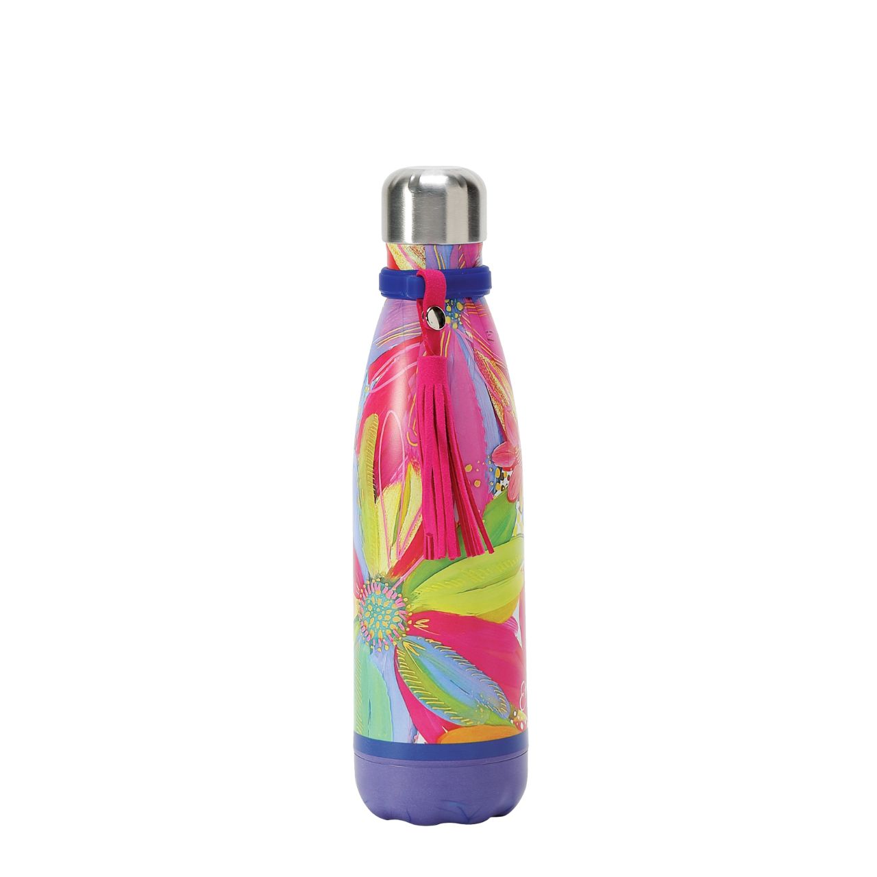 Etta Vee Jessi's Garden Water Bottle  Artist, designer and art influencer, Jessi Raulet, is known for her colourful and bold designs. This stainless steel water bottle features a wrap around design with colour blocked accents. The suede tassel is removeable for cleaning and this also comes in a gift box.