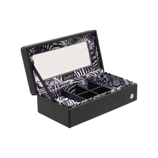 The eye-catching case is made from black faux (vegan) leather, opening to reveal a beautifully decorated storage area with tailor-made compartments for displaying rings, earrings and other jewellery pieces. It is finished with a convenient mirror, within its hinged lid.