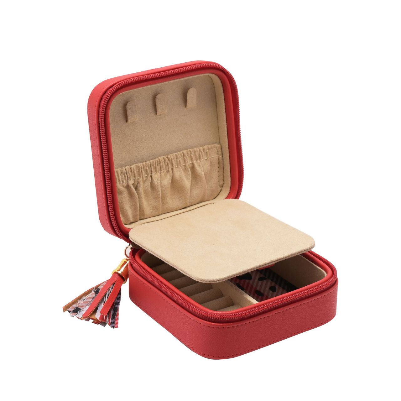 This striking jewellery case features a soft velvet interior with statement 'catwalk' print and matt red, faux leather exterior.