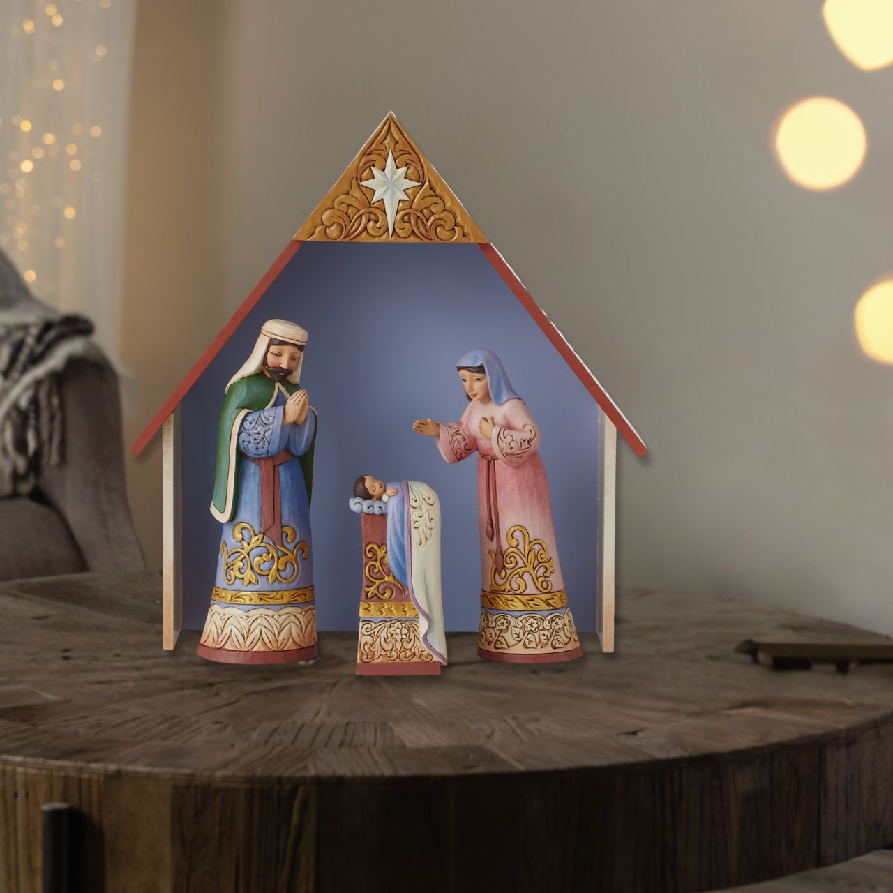 Jim Shore Heartwood Creek Collection 4 Piece Nativity set  Traditional Heartwood Creek Collection; Wood carved textures and intricately detailed designs. Unique, sometimes surprising combinations of colours - often incorporating a touch of Jim's favourite colour - purple.