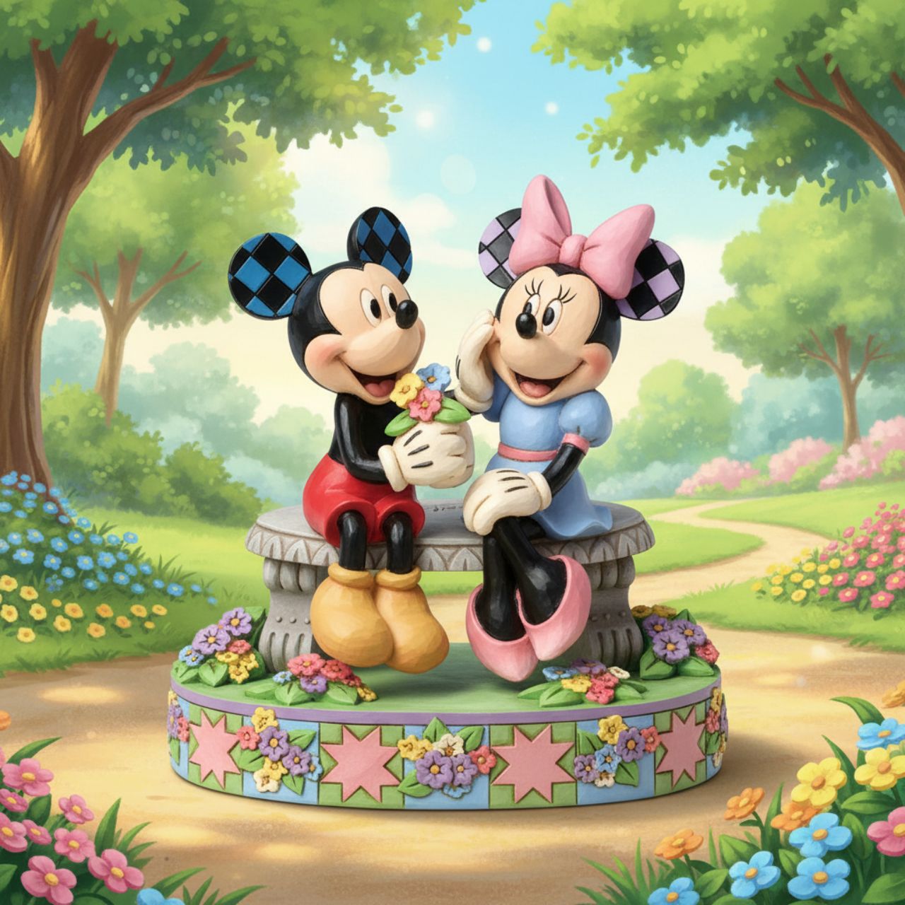 Mickey and Minnie share a sweet moment on a park bench in this romantic Jim Shore scene. Surrounded by colourful flowers and Jim's rosemaling and quilt patterns, Mickey presents Minnie with a fresh bouquet as she blushes.