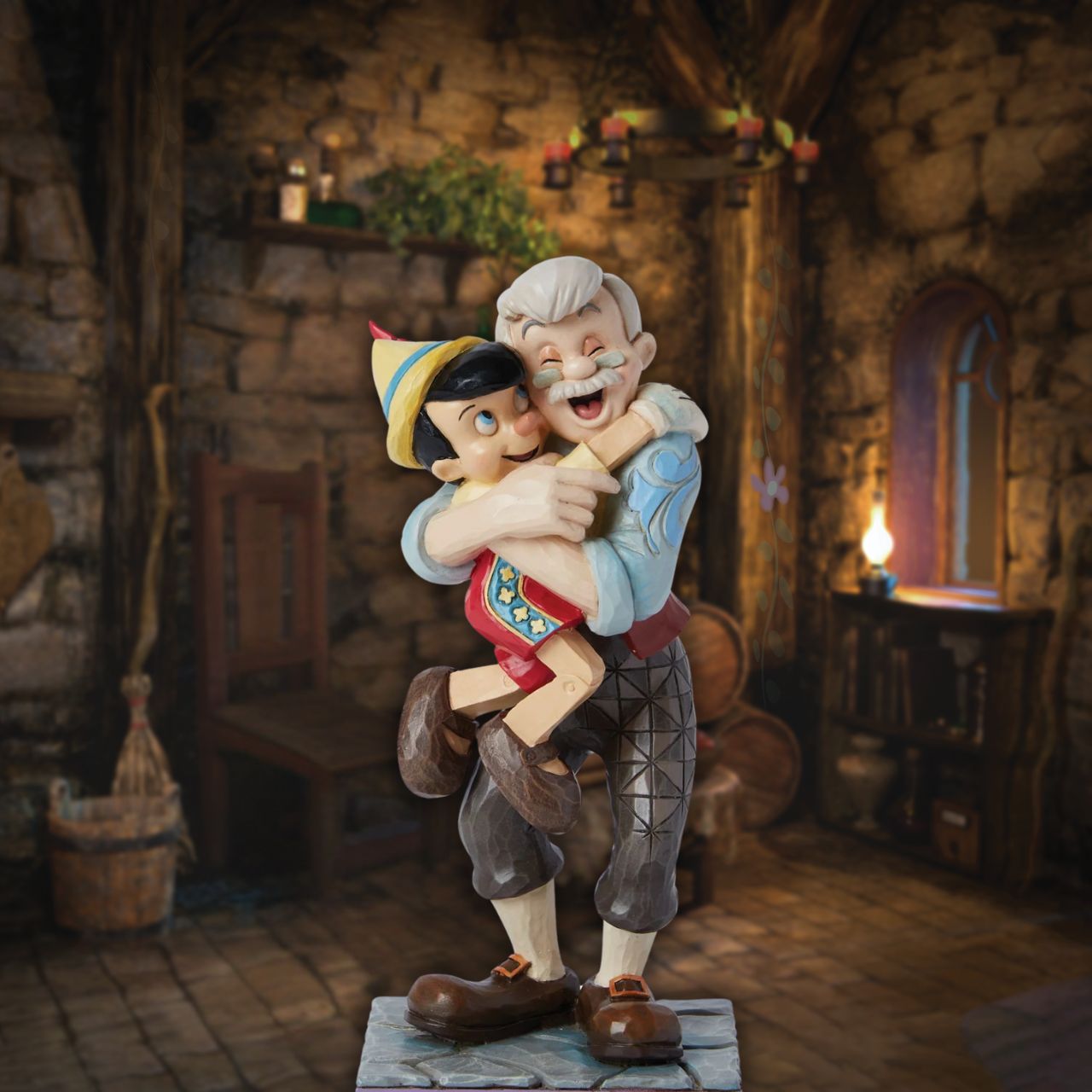 Gepetto and Pinocchio show the perfect love between a boy and his father. Hand painted for the Disney Traditions collection. Comes in a fully branded gift box.