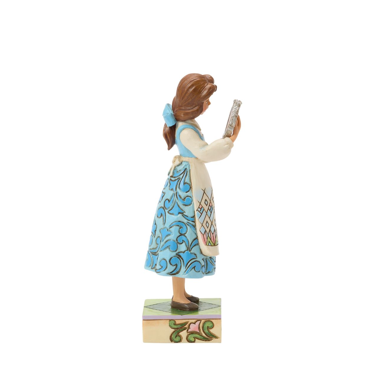 Belle gazes into the enchanted mirror in this graceful Jim Shore scene, catching a glimpse of the Beast from afar. Surrounded by rich detail and folk art flourishes, the design reflects Belle's empathy and love of discovery in true Disney style.