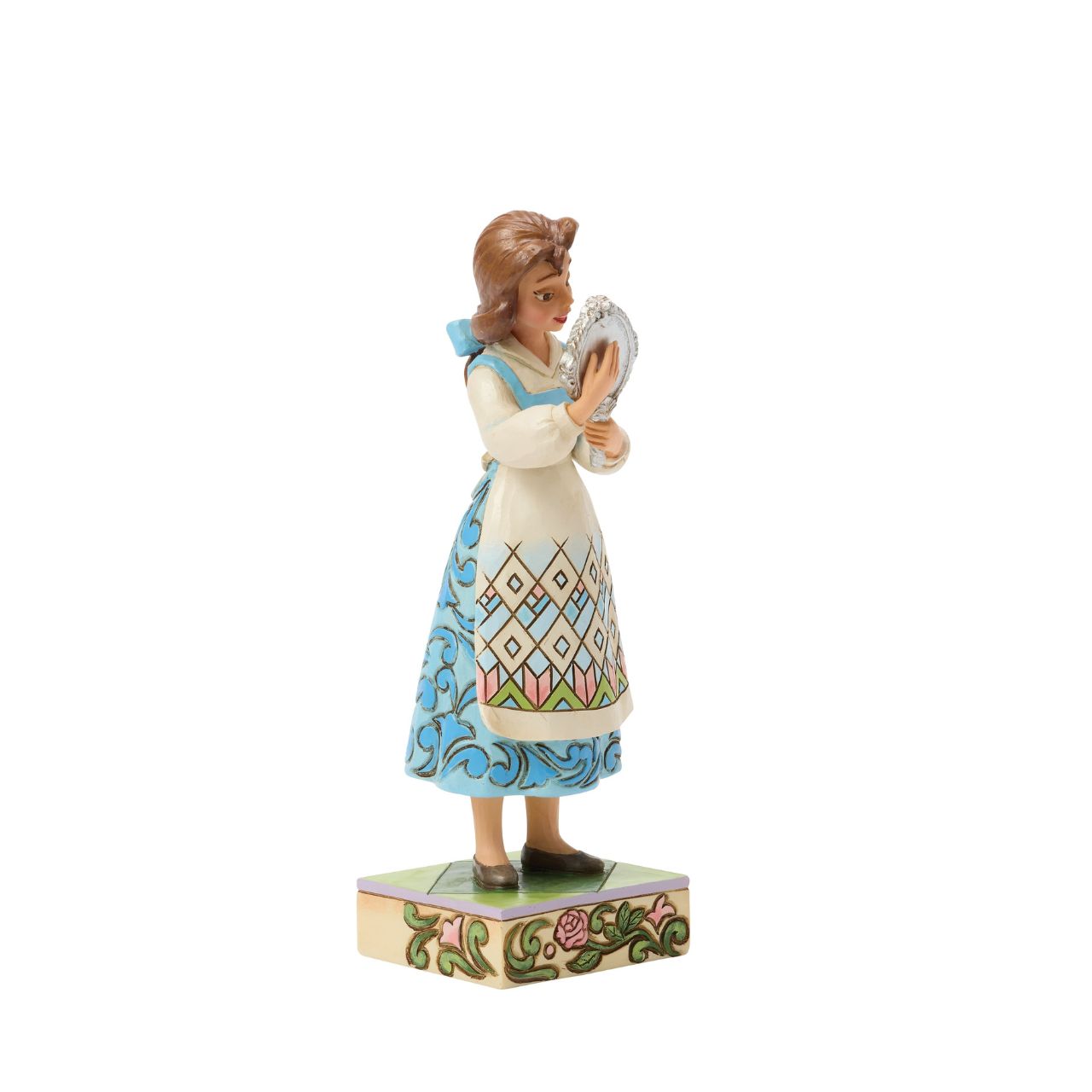 Belle gazes into the enchanted mirror in this graceful Jim Shore scene, catching a glimpse of the Beast from afar. Surrounded by rich detail and folk art flourishes, the design reflects Belle's empathy and love of discovery in true Disney style.