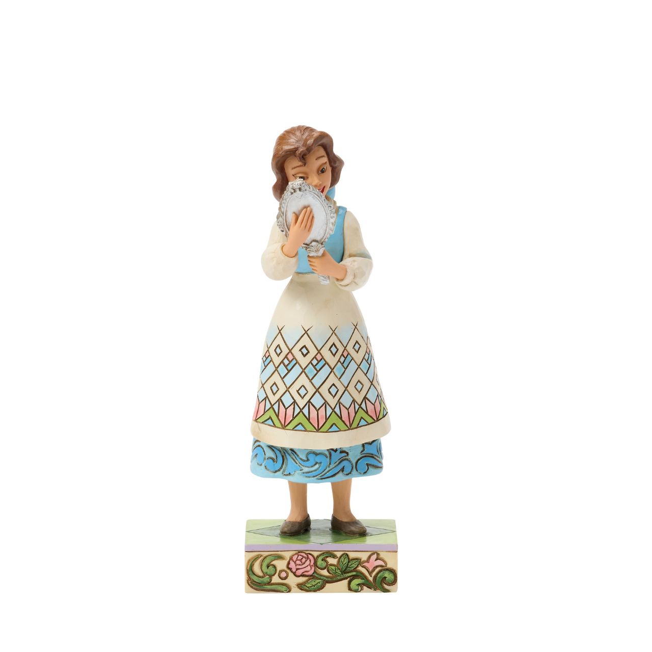 Belle gazes into the enchanted mirror in this graceful Jim Shore scene, catching a glimpse of the Beast from afar. Surrounded by rich detail and folk art flourishes, the design reflects Belle's empathy and love of discovery in true Disney style.