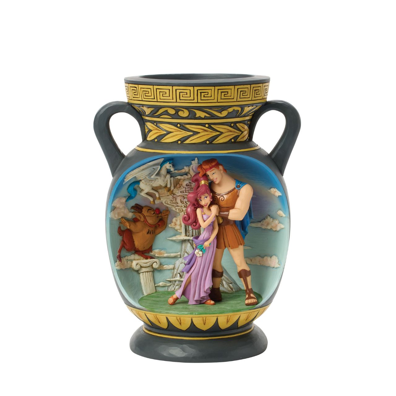 This bold Jim Shore design depicts Hercules in the style of ancient Greek pottery. With intricate storytelling and striking details, this inspired vase honours the legendary hero and Disney's timeless tale of strength and heart.