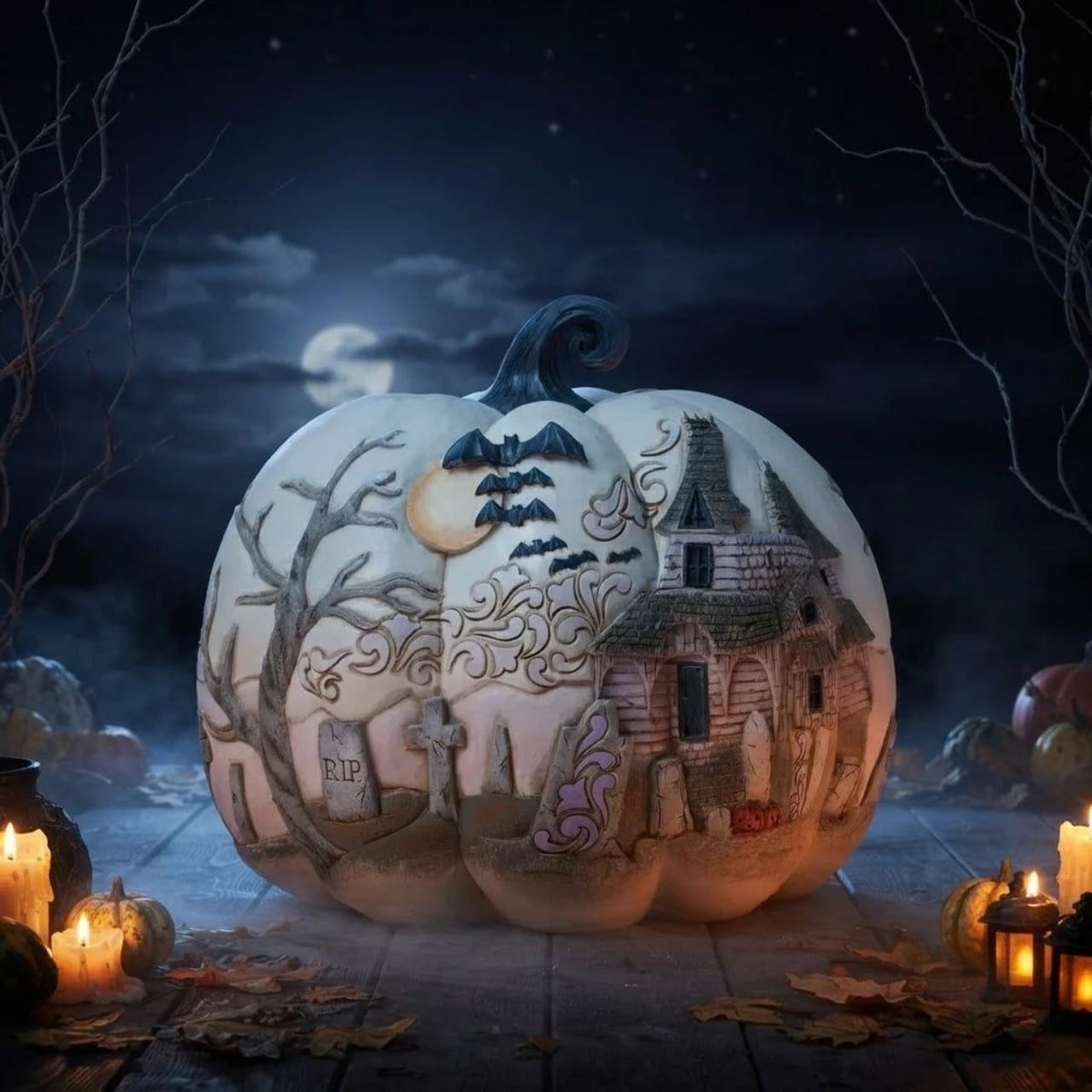Capture the spirit of Halloween with this eerie Jim Shore pumpkin figurine, showcasing a haunted graveyard scene complete with a spooky haunted house, flying bats, and a full moon. With intricate details and haunting ambiance, prepare to scare.