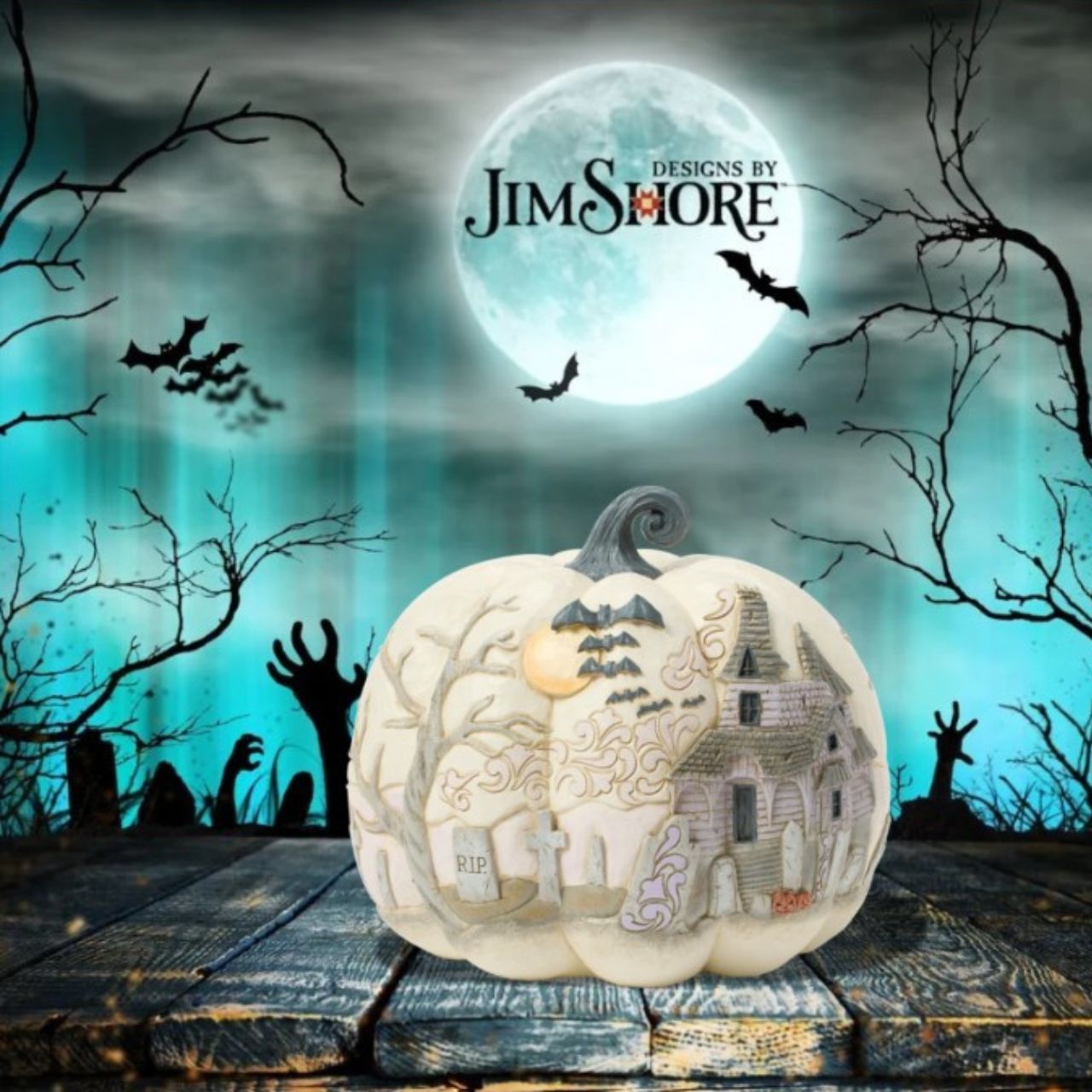 Capture the spirit of Halloween with this eerie Jim Shore pumpkin figurine, showcasing a haunted graveyard scene complete with a spooky haunted house, flying bats, and a full moon.