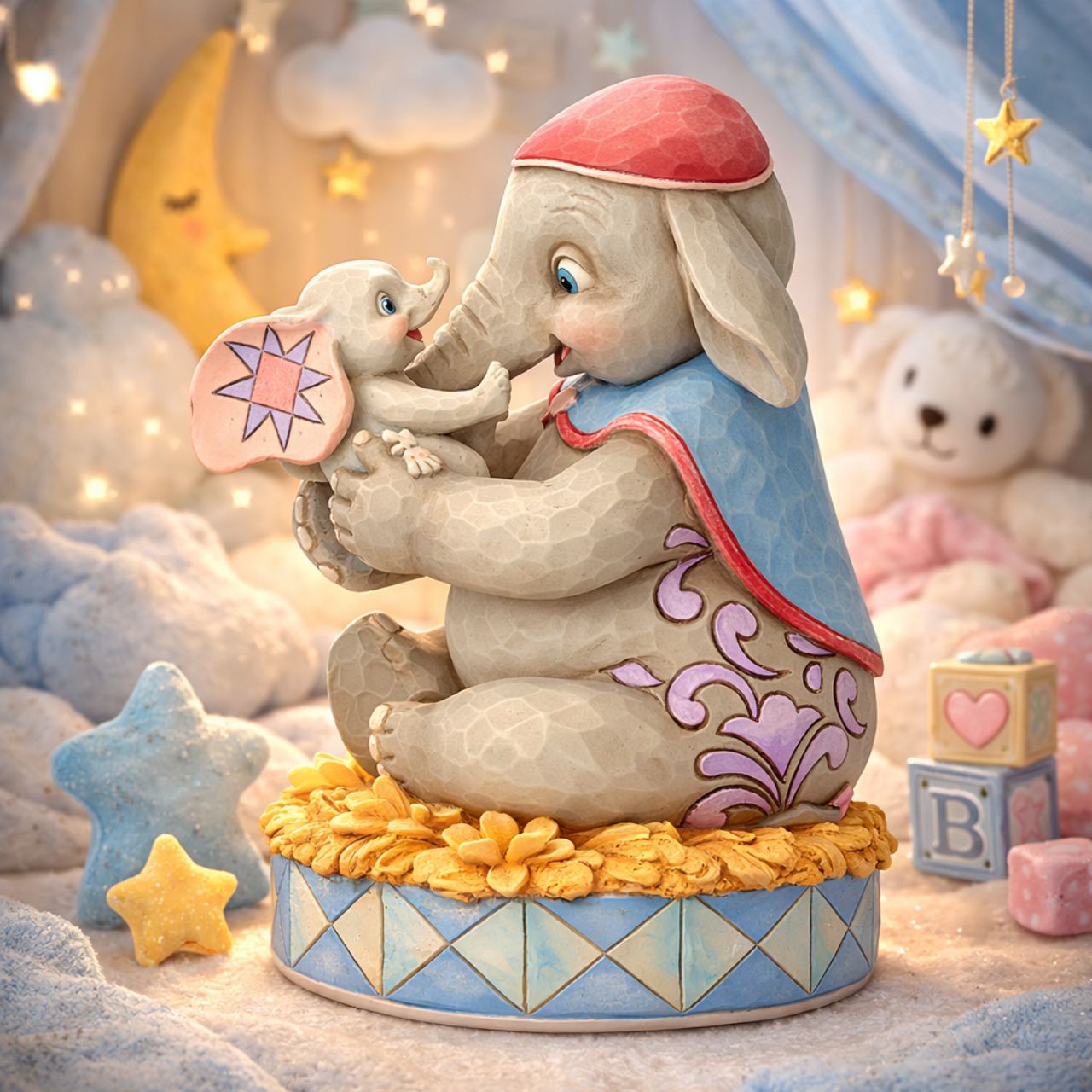 Fiercely protective and unconditionally loving, Mrs. Jumbo cherishes her big-eared baby Dumbo. Handcrafted and hand-painted in exquisite detail, this cast stone figurine by Jim Shore makes a beautiful keepsake for Mother's Day or as a new mum gift. 