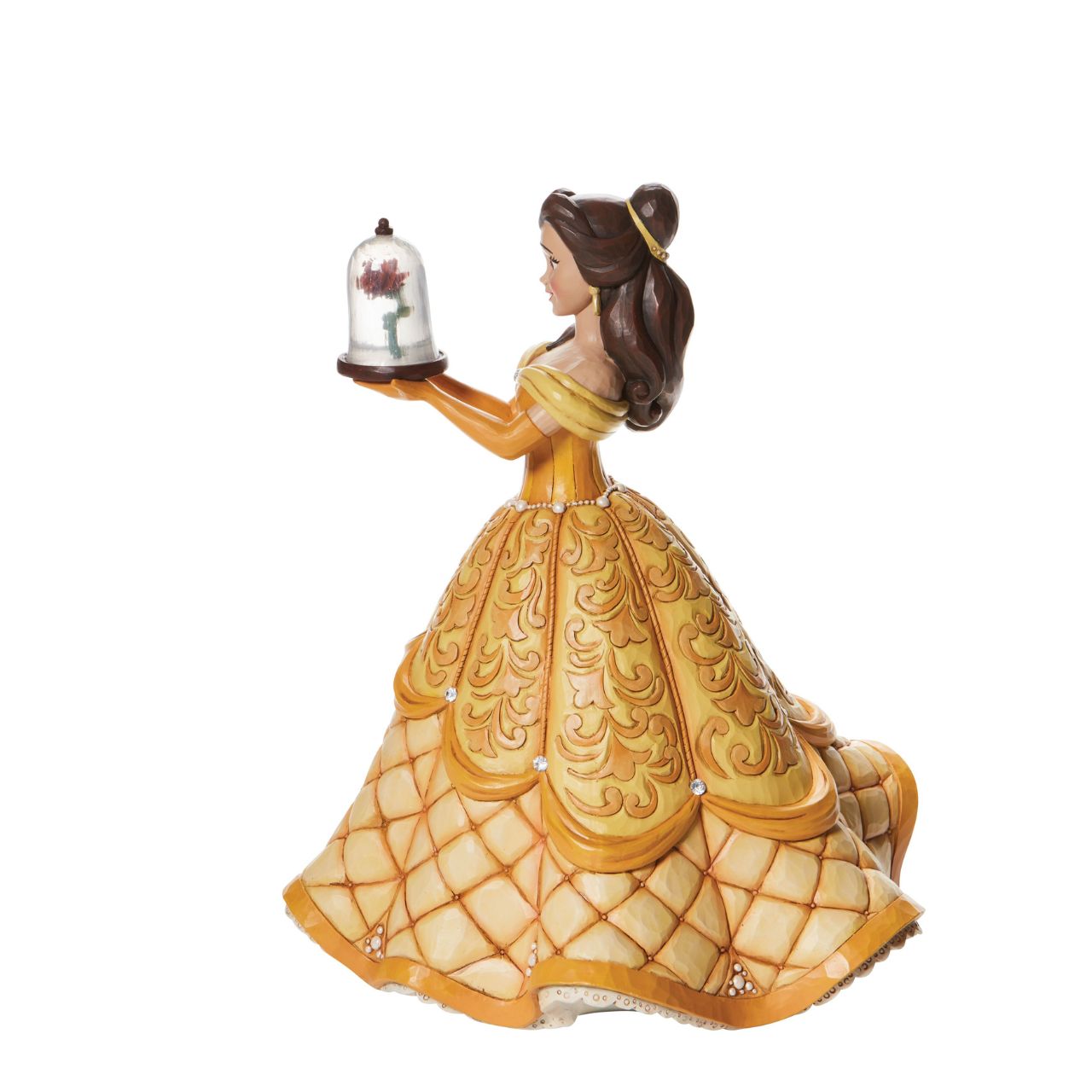 First in a Series of Deluxe figurines (The Enchanted Princess Series.) Designed by Jim Shore in celebration of Beauty and the Beast's 30th Anniversary is this striking 38.0cm Belle figurine, Belle looks stunning in her characteristic golden ball gown, embellished with pearls and swarovski crystals.