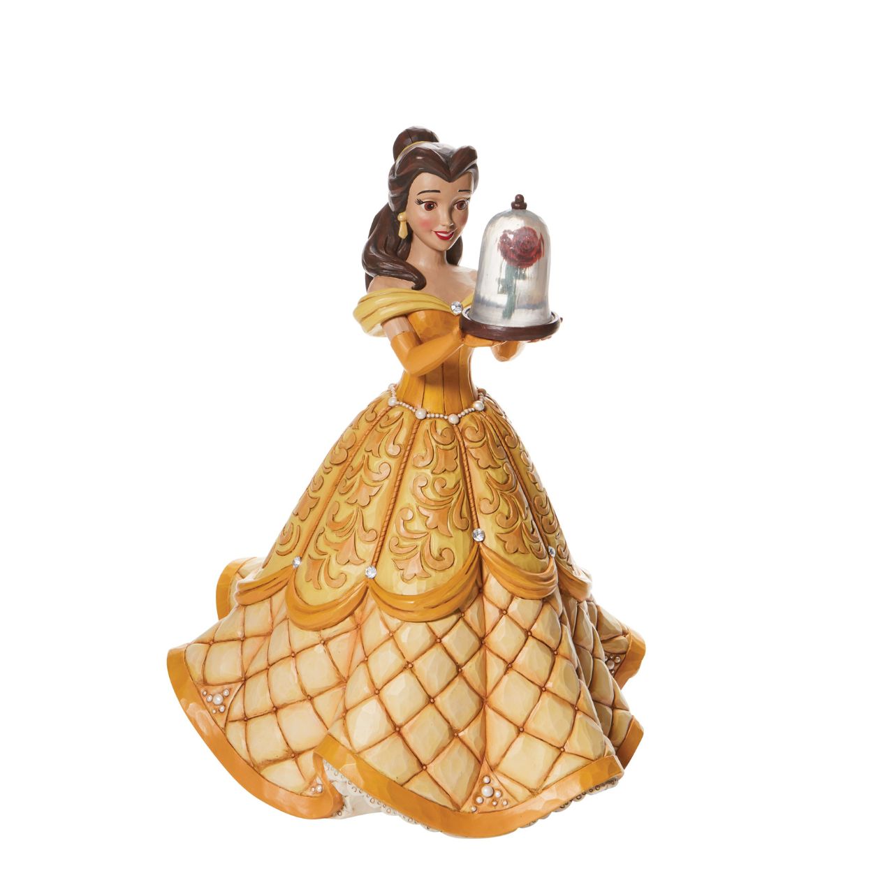 First in a Series of Deluxe figurines (The Enchanted Princess Series.) Designed by Jim Shore in celebration of Beauty and the Beast's 30th Anniversary is this striking 38.0cm Belle figurine, Belle looks stunning in her characteristic golden ball gown, embellished with pearls and swarovski crystals.