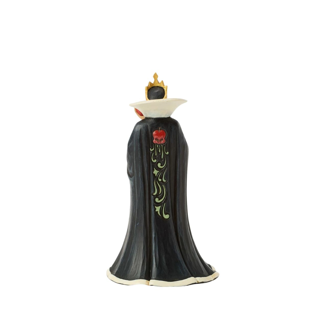The Queen, Grimhilde, wears a striking black and purple gown adorned with Jim Shore's signature rosemaling and quilt patterns. Holding a poisoned apple meant for Snow White, her jealous heart fuels her dark intentions as she plots her next move.