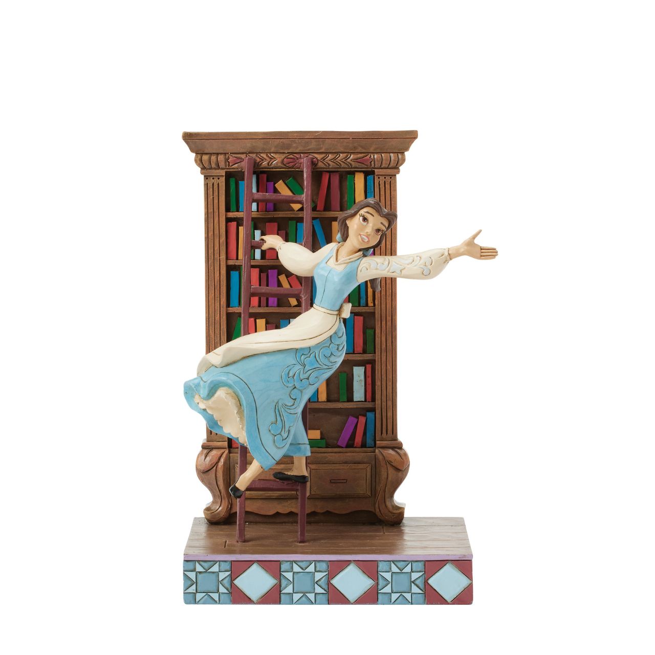 Celebrating the 35th anniversary of Beauty and the Beast in 2025, this lively Jim Shore scene captures Belle in her beloved library, singing as she glides gracefully on the bookshelf ladder. The gorgeous scene delights with exquisite rosemaling details.
