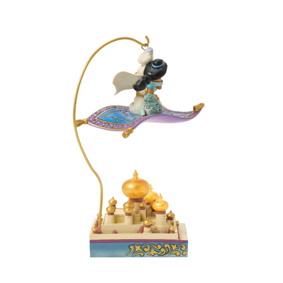 Aladdin and Jasmine soar above Agrabah on the magic carpet in this breath-taking Jim Shore scene. With an LED palace glowing below them, the pair captures the romance and wonder of Disney's unforgettable adventure.