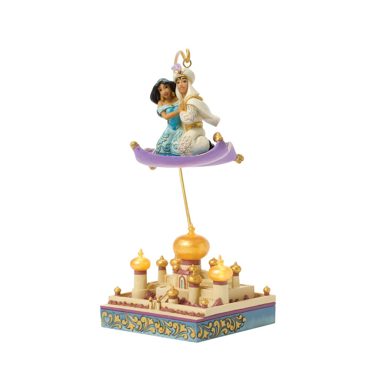 Aladdin and Jasmine soar above Agrabah on the magic carpet in this breath-taking Jim Shore scene. With an LED palace glowing below them, the pair captures the romance and wonder of Disney's unforgettable adventure.