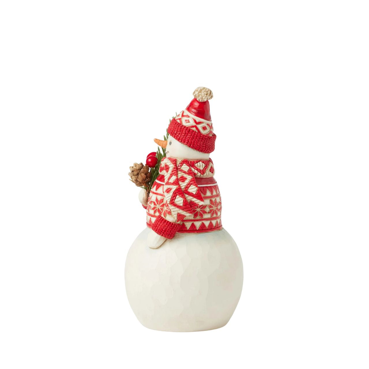 This cheerful Jim Shore Nordic Noel snowman is dressed in an intricately patterned red Nordic sweater, scarf, and hat, radiating warmth and holiday spirit. With a bright smile, he holds a fresh evergreen sprig in his hands, eagerly embracing the joys of Christmas.