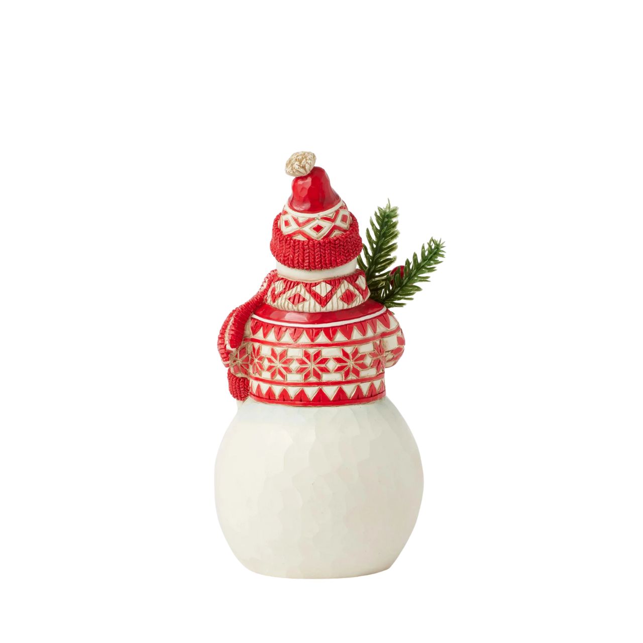 This cheerful Jim Shore Nordic Noel snowman is dressed in an intricately patterned red Nordic sweater, scarf, and hat, radiating warmth and holiday spirit. With a bright smile, he holds a fresh evergreen sprig in his hands, eagerly embracing the joys of Christmas.