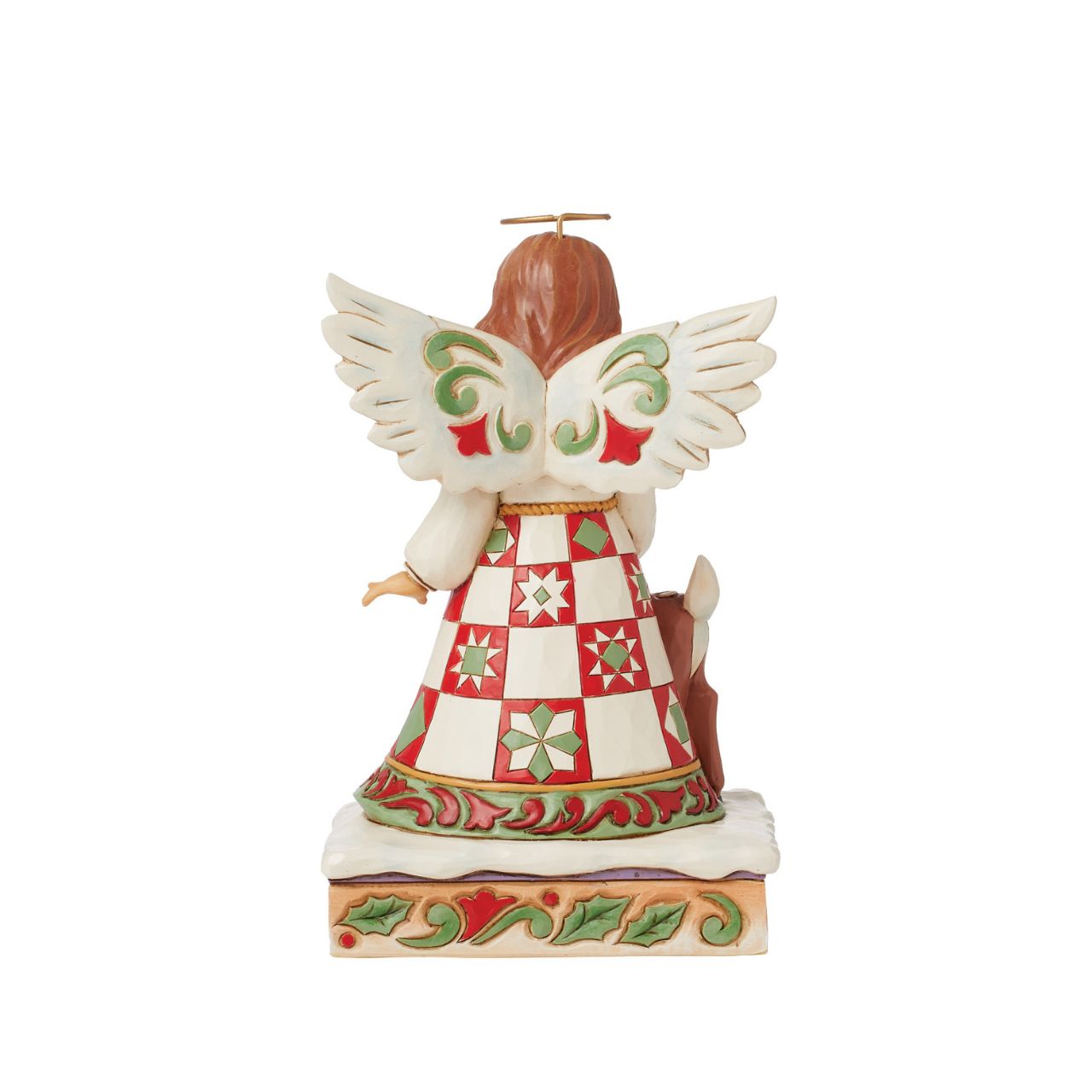 On a stage of flowers, a hallowed angel wears a red and green patchwork patterned dress with a smile. She pats a gentle fawn with a rosemaling pattern. The sweet Jim Shore modelled pair celebrate the simplicity of friendship and miracle of nature.