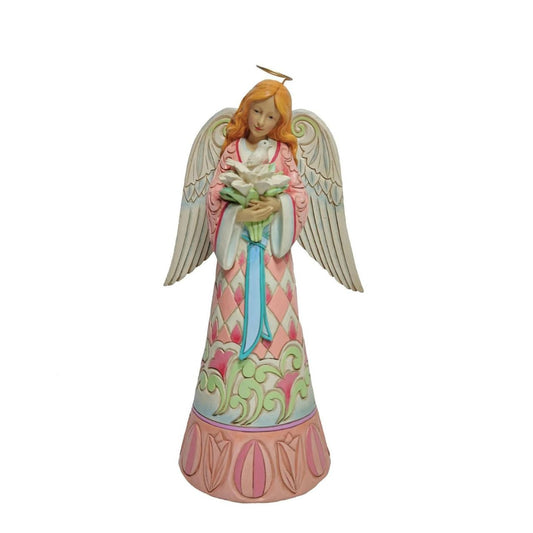 "Easter Faith" With an armful of Easter lilies, this brightly gowned angel blesses your home this Spring with grace and love. With a dress patterned in flowers and cheery colours, she admires a dove and reflects on the great blessings the Lord delivered on Easter.