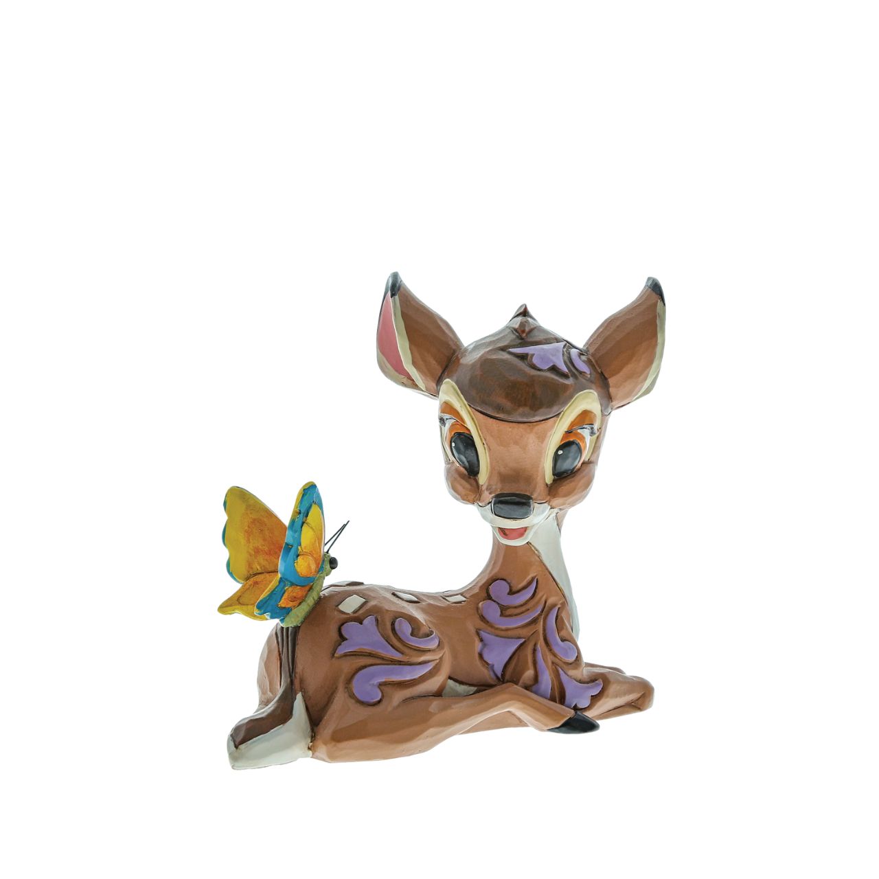 Disney Traditions Bambi Mini Figurine  With pleasing rosemaling detail and beautiful craftsmanship, this lovely Disney piece is a prize from the forest. Jim Shore celebrates the 80th anniversary of Bambi with this sweet miniature, as the peaceful deer sits gracefully with a butterfly.