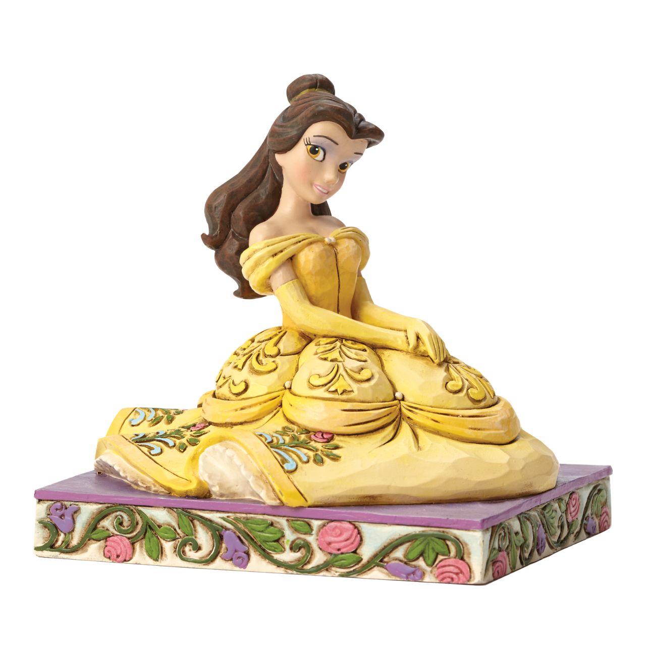 Disney Traditions Be Kind Belle Figurine by Jim Shore  Dressed for the ball in a golden gown decorated in exquisite detail, the striking personality pose from artist Jim Shore depicts the radiant beauty of Belle from the Disney classic Beauty and the Beast.