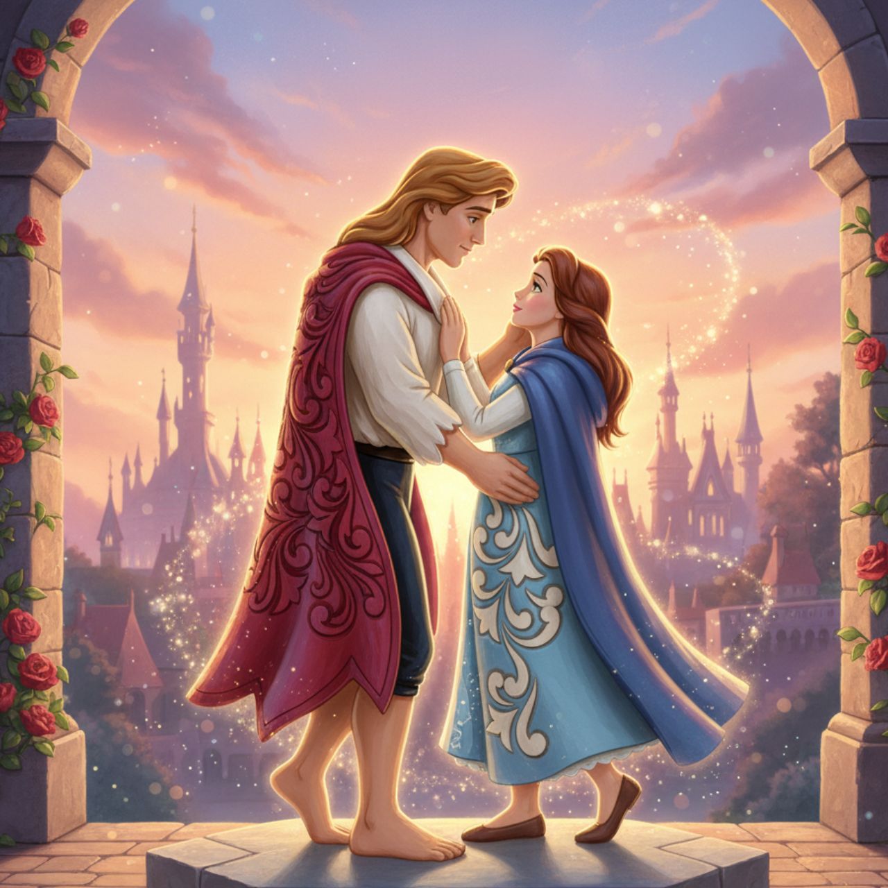 The iconic couple of Belle and her prince, just moments after he is turned back from the beast into a human. A perfect sentiment of love, no matter what. From the Disney Traditions collection.